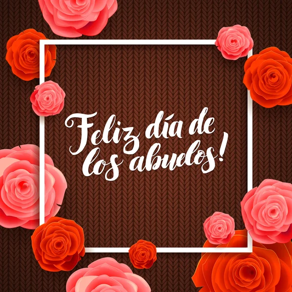 Feliz Dia dos Avós Caligrafia Cartão de felicitações no fundo de malha marrom com flores de rosa — Vetor de Stock