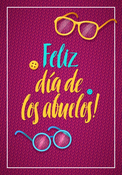 Tarjeta de felicitación del Día de los Abuelos. Cartel de caligrafía española sobre fondo de punto rosa con gafas y botones — Vector de stock