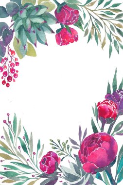 Suluboya çiçekler çerçeve şablonu.