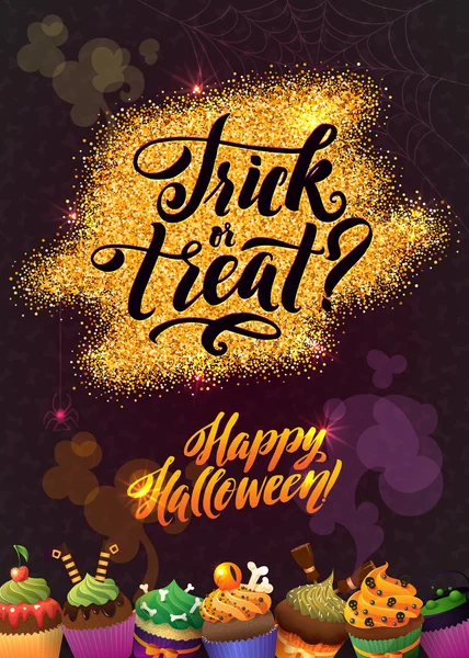 Joyeux Halloween Gold Sparkles fond avec Cupcakes. Affiche de calligraphie pour votre fête — Image vectorielle