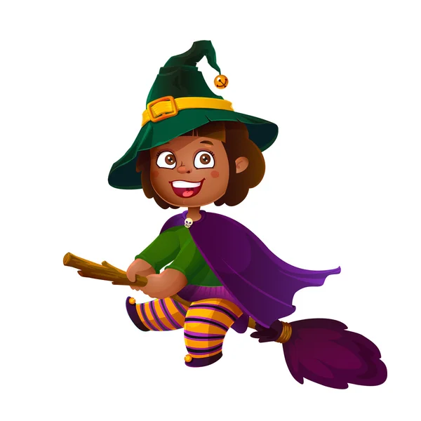 Cute Latina Girl Witch on the Broom. Happy Halloween. Trick or Treat, Cartoon Illustration. — Stock Vector