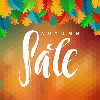 Üçgen şekil sonbahar Satılık. Sonbahar meşe yaprakları ve çokgen arka plan. Hat afiş