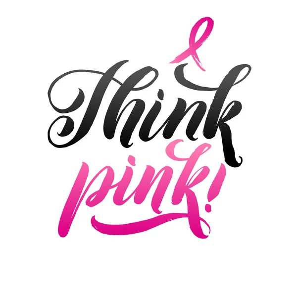 Think Pink. Vector Breast Cancer Awareness Calligraphy Poster Design. Stroke Pink Ribbon — Stock Vector