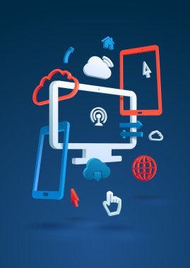 Cloud Computing soyut kompozisyon poster. Plastik bilgisayar öğelerinin iç içe