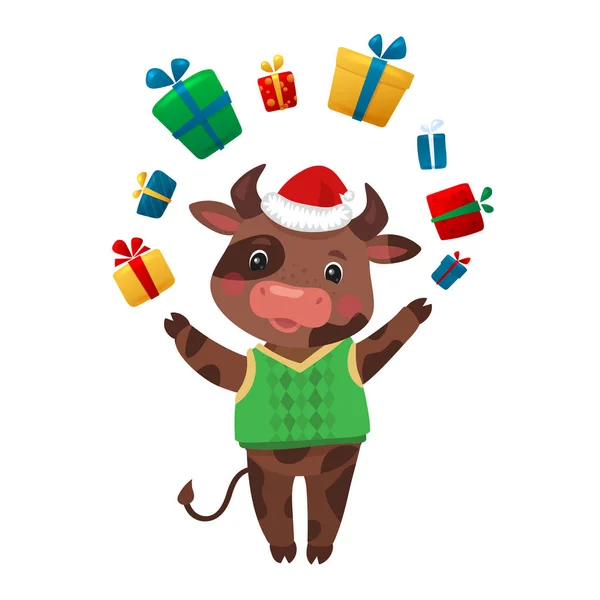 Buon anno nuovo personaggio mucche dei cartoni animati. Mucca contenente scatole regalo che celebrano il 2021. Capodanno di bue. Toro personaggio dei cartoni animati in Santa Hat, animale divertente — Vettoriale Stock