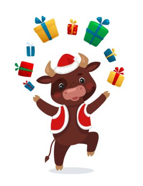 Yeni Yıl Resimlerin kutlu olsun. Hediyelerle dans eden sevimli öküz. Düz bir Noel kartı. Çin yeni yıl sembolü. 2021 yıl