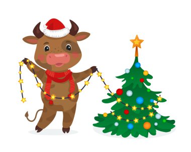 Yeni Yıl Resimlerin kutlu olsun. Noel ağacını süsleyen şirin inek. Noel kartı düz stil. Çin yeni yıl sembollü el çizimi vektör çizimi. 2021 yıl