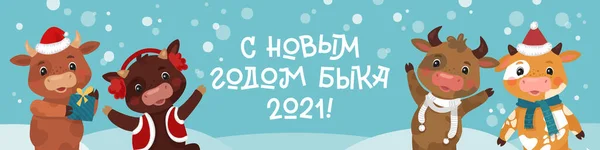 Šťastný Nový rok ruský prapor. Roztomilé krávy a býci tančí a slaví. Vánoční přání v plochém stylu. Čínský symbol nového roku. 2021 let. Překlad: Šťastný Nový rok — Stockový vektor