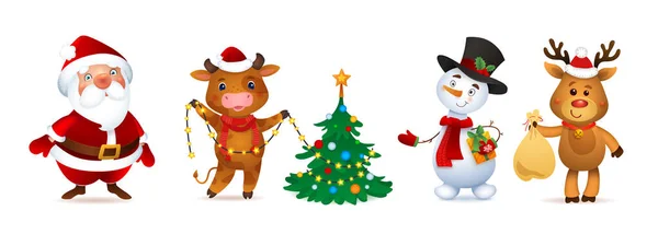 Merry Christmas Vector Character Set Santa Claus Snowman Deer Cute — Stock Vector