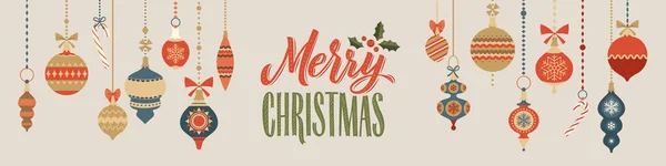 Joyeux Noël et bonne année Calligraphie Bannière. Jouets de Noël. Carte de voeux Typographie — Image vectorielle