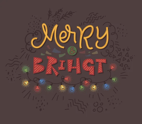 Feliz Navidad Fairy Lights. Merry y Bright. Doddle Retro Poster Seasons Saludo — Vector de stock