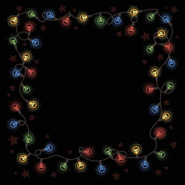 Merry Christmas Fairy Lights. Doddle Retro Poster Seasons Greeting. Black Background illustration — Stock vektor