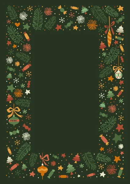 Feliz Natal Doodle Frame Poster. Projeto de cartão de saudação em fundo verde. Vertical vector Ilustração. Design super moderno —  Vetores de Stock