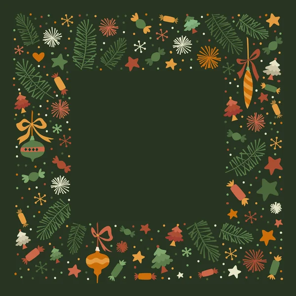 Selamat Natal Doodle Frame. Desain kartu ucapan di Green Background. Ilustrasi vektor persegi. Desain Super Trendy - Stok Vektor