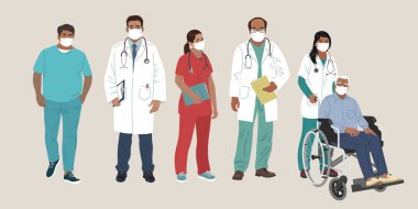 Hint Sıhhiyesi. Tıbbi Karakterler. Doktor ve hemşire yüz maskesi takıyor, doktor konsepti, tıbbi büro ya da laboratuvar. Modern düz vektör kavramı dijital insanlar vektör illüstrasyonu