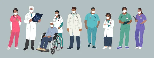 인디언 의학박사. 의학적 특성. 페이스 메도우 를 입고 있는 의사와 간호원, 일단의 의사들의 개념, 의료 실 혹은 실험실. 현대의 평평 한 벡터 개념 디지털 사람들 벡터 삽화 — 스톡 벡터