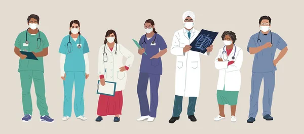 Indiska sjukvårdare. Medicinska karaktärer. Läkare och sjuksköterska bär ansiktsmask, team av läkare koncept, läkarmottagning eller laboratorium. Modern platt vektor koncept digitala människor vektor illustration — Stock vektor