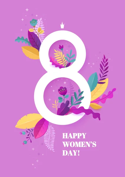 International Womens Day. March 8 banner with floral decor. Cut paper with spring plants, leaves and flowers. Template for a poster, cards, banner Vector illustration — Stock Vector
