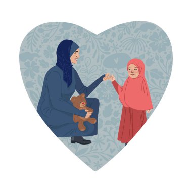 Anneler Günün kutlu olsun. Seni seviyorum anne. Genç kadınlar ve küçük kızlar. MÜZİK ARABİK insanlar. Vektör İllüstrasyonu. Kalp Şekli ve Karalama çiçekleri