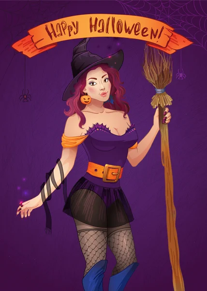 Pretty Witch Halloween. Sexy girl with broom and hat. Greeting card,  Web, ribbon, inscription — Stock Vector