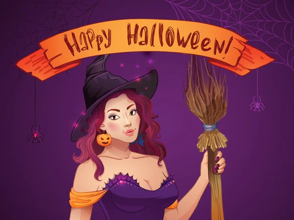 Pretty Witch Halloween. Sexy girl with broom and hat. Greeting card,  Web, ribbon, inscription — Stock Vector