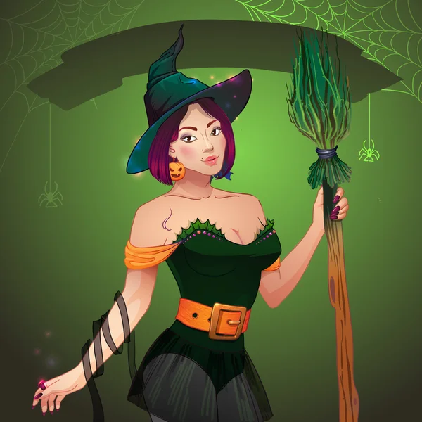 Mooie heks halloween.sexy meisje met broom en hoed. wenskaart vrolijke halloween — Stockvector