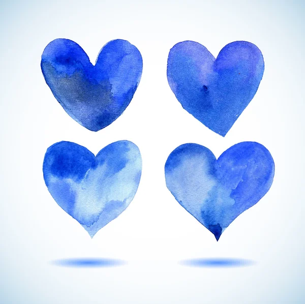 Aquarel blauw geschilderde hart set, vector-elementen voor uw ontwerp — Stockvector