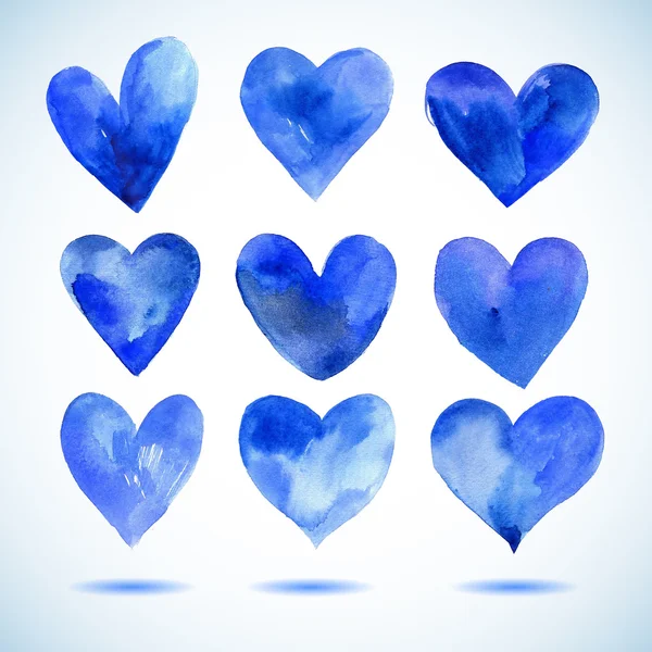 Aquarel blauw geschilderde hart set, vector-elementen voor uw ontwerp — Stockvector