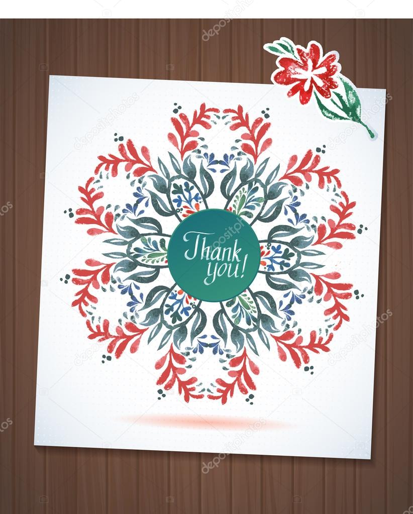 THANK YOU watercolor floral wreath, wood planks. Greeting card background