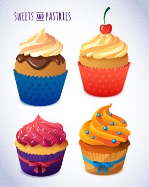 kek çikolata paketi vanilya ve meyve tatlıları. cupcake ve kiraz. tatlılar ve pastalar ekmek menüsü tasarımınız için. krema, cips, meyveleri lezzetli tatlı vektör cupcakes 