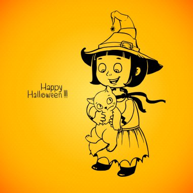 Küçük kız küçük cadı detains hoşnutsuz kedi. Mutlu Cadılar Bayramı kartı