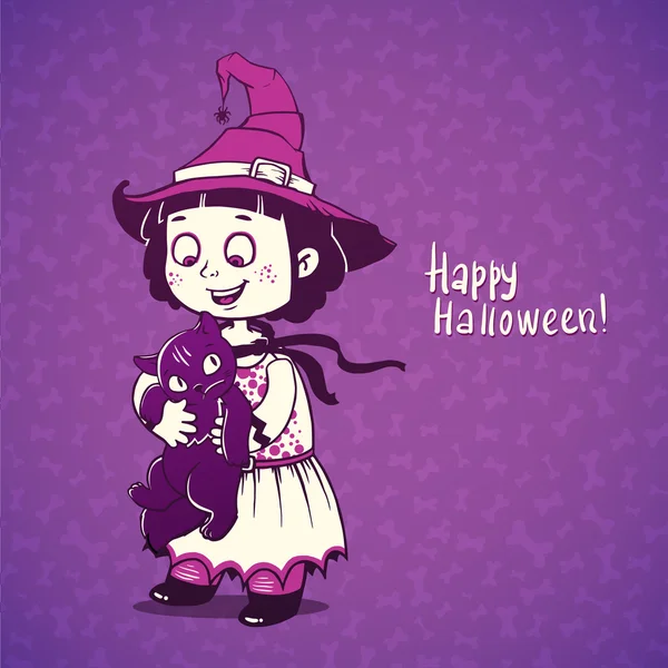 La pequeña bruja detiene a un gato descontento. Feliz tarjeta de Halloween — Vector de stock