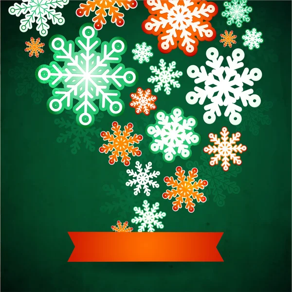雪の結晶冬の緑背景、クリスマス型紙。メリー クリスマスと新年あけましておめでとうございます — ストックベクタ