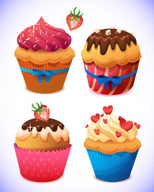 cupcake paketi. Çikolata ve vanilya krema kek. Çilek, kiraz, krem
