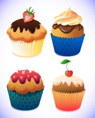 cupcake paketi. Çikolata ve vanilya krema kek. Çilek, kiraz, krem