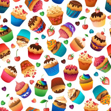 Süper cupcake seamless modeli. Çikolata ve vanilya tatlılar
