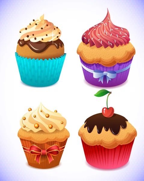 Cupcake pack. Chocolate and vanilla icing cupcakes. Strawberry, cherry, cream — Stock Vector