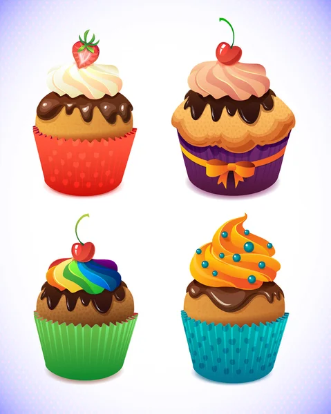 Cupcake Pack vorhanden. Cupcakes mit Schokolade und Vanillezucker. Erdbeere, Kirsche, Sahne — Stockvektor