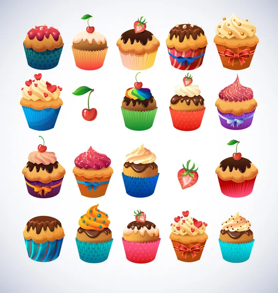 Super cupcake pack. Pasteles de chocolate y glaseado de vainilla. Fresa, cereza, crema — Vector de stock