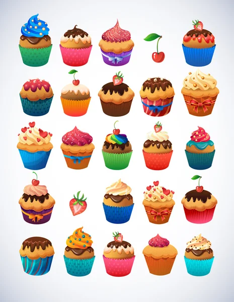 Super cupcake pack. Cioccolato e glassa alla vaniglia cupcakes.Strawberry, ciliegia, crema — Vettoriale Stock