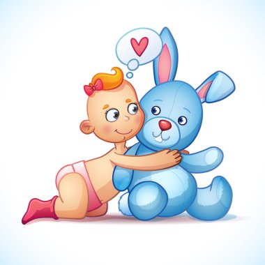 Bebek kız Kızıl saçlı beyaz bir arka plan üzerinde tavşan oyuncak sarılmak. Paskalya tavşan peluş oyuncak. Küçük kız sevgiyle bunny arıyorum