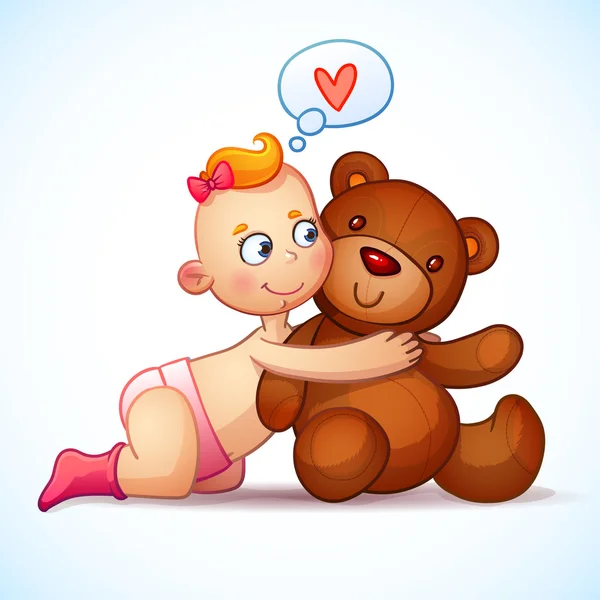 Baby flicka rödhårig kramar nallebjörn leksak på en vit bakgrund. Björnen plysch leksak. Liten flicka tittar kärleksfullt på teddy — Stock vektor