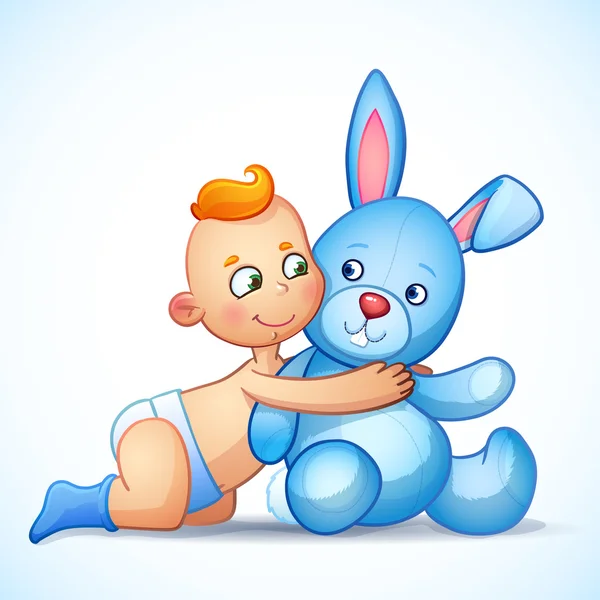 Bebé niño pelirroja abraza juguete conejito sobre un fondo blanco. Juguete de felpa de conejo de Pascua. Pequeño niño amorosamente mirando al conejito — Vector de stock