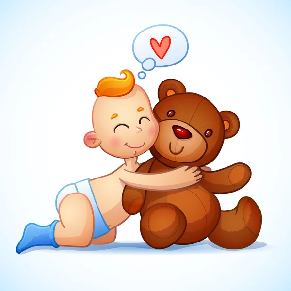 Baby boy rödhårig kramar nallebjörn leksak på en vit bakgrund. Påsk teddy plysch leksak. Liten pojke tittar kärleksfullt på björnen — Stock vektor