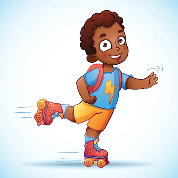 Un niño afroamericano montado en patines. Niño feliz disfruta de la velocidad y la libertad — Vector de stock