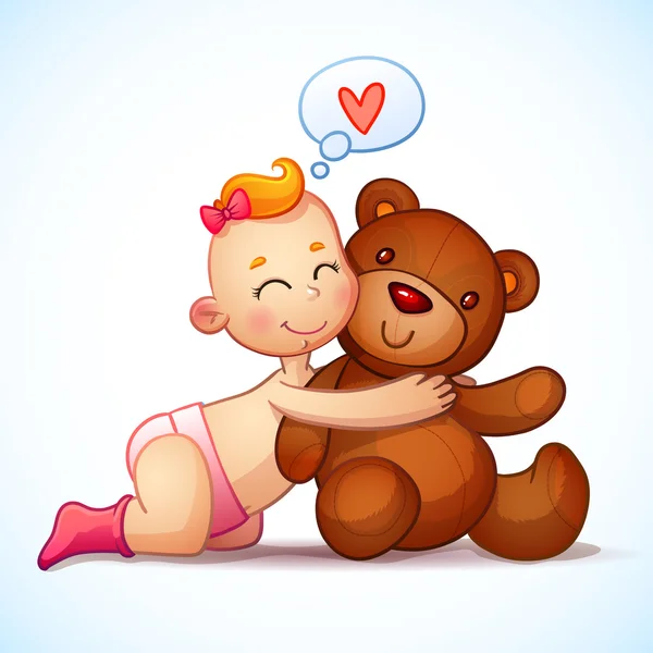 Baby girl redhead hugs Teddy Bear toy on a white background. Teddy plush toy. Little girl lovingly looking at the bear — Stock Vector