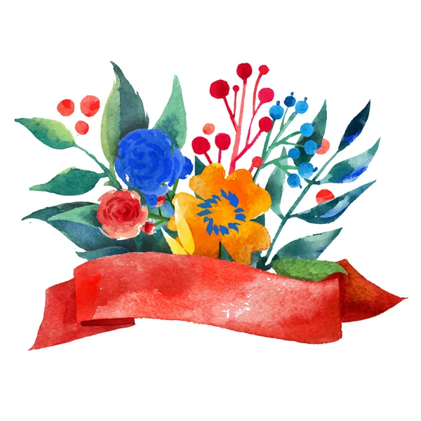 Mooie bloemen wenskaart Bright illustratie uitnodiging voor bruiloft, verjaardag en vakantie en schattig zomer achtergrond lint decoratieve afbeelding — Stockvector