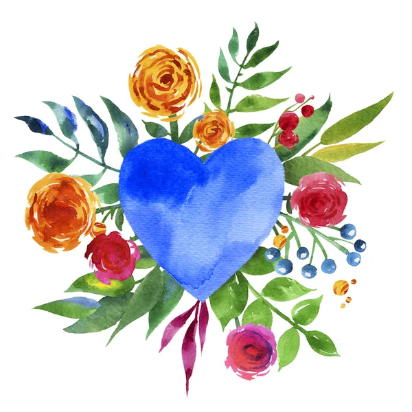 Vintage bakgrund med blommor i kärlek och blomma hjärta, vacker akvarell blommigt hjärta. Love Heart ikon. Sommaren botaniska element. Kärlekskort med akvarell blommig bukett. — Stockfoto