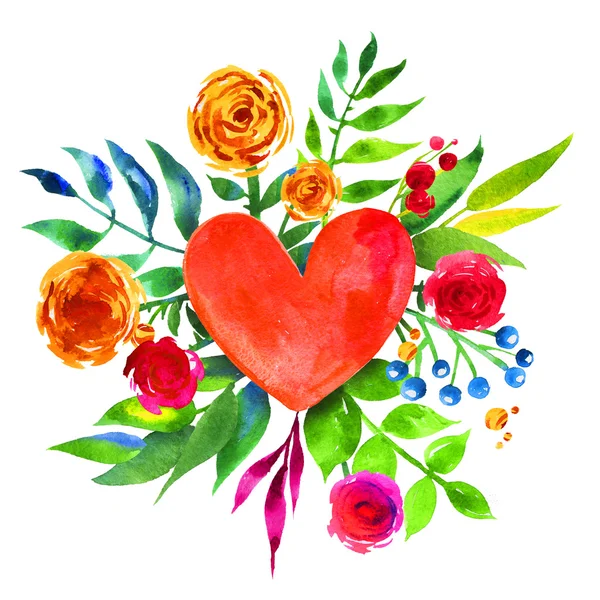 Aşk ve çiçek kalp, güzel suluboya çiçek kalp çiçeklerle antika arka plan. Aşk kalp simgesi. Yaz botanik öğeleri. Aşk kartı suluboya çiçek buketi ile. — Stok fotoğraf