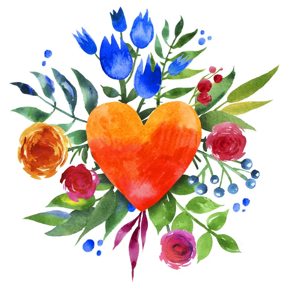 Fondo vintage con flores en el amor y el corazón de la flor, hermoso corazón floral acuarela. Icono del corazón del amor. Elementos botánicos de verano. Tarjeta de amor con ramo floral de acuarela . — Foto de Stock